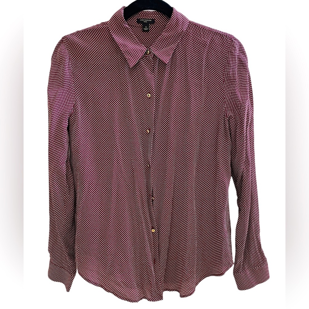 Ann Taylor 100% silk maroon polka dot button down shirt